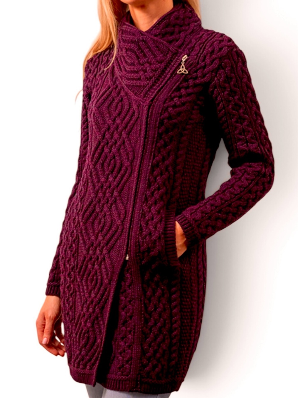 Aran Knit Coatigan Irish Merino Wool Celtic Knot Side Zip‎‎ Sweater Coat S Wine